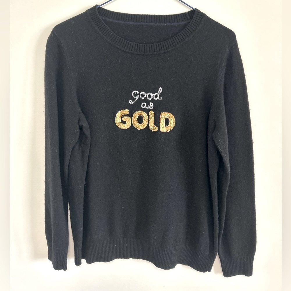 Black wool sweater Gold design . Size M